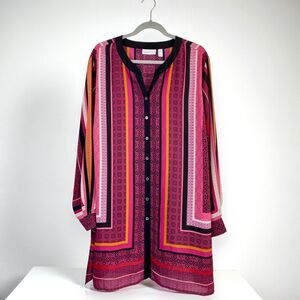 Susan Graver Pink Multi Colored Button-Up Tunic Blouse Plus 28W Retro Excellent